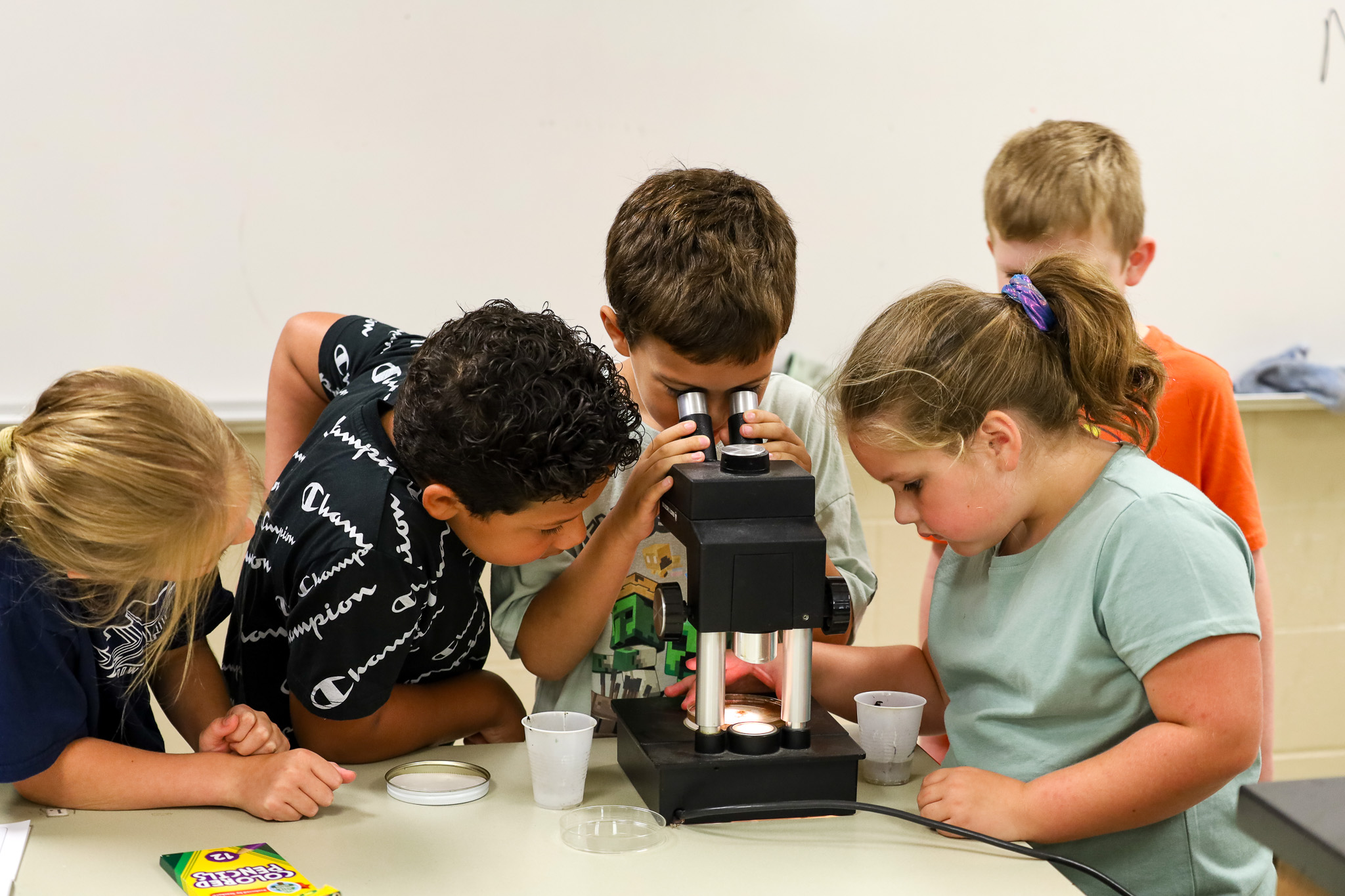 kids looking through a microscope